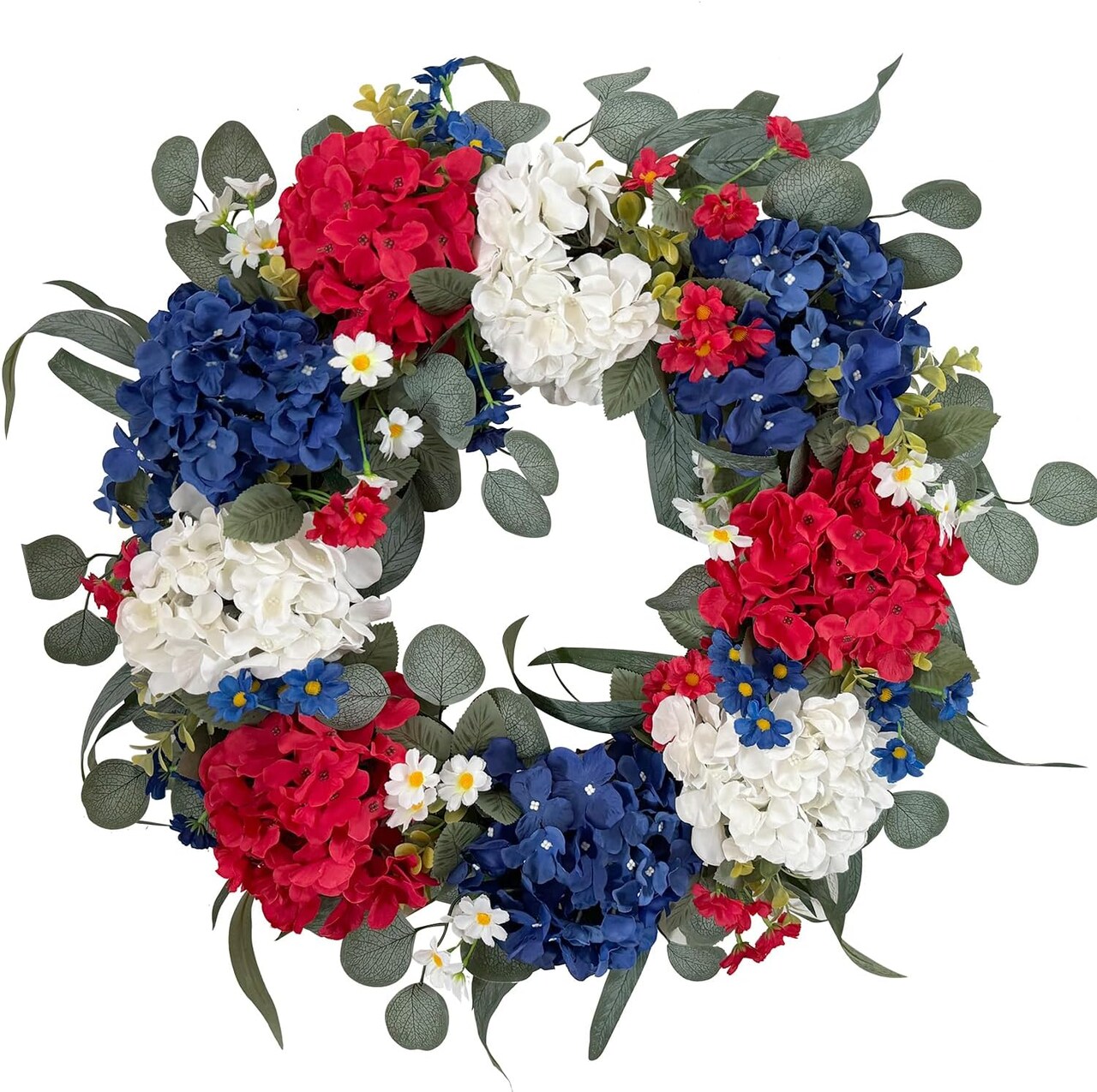 Summer Patriotic Independence Day Wreath – 20” Handmade Red, White & Blue Hydrangea Wreath for Flag Day, Memorial Day, and 4th of July Front Door, Home, Office, or Wall Décor